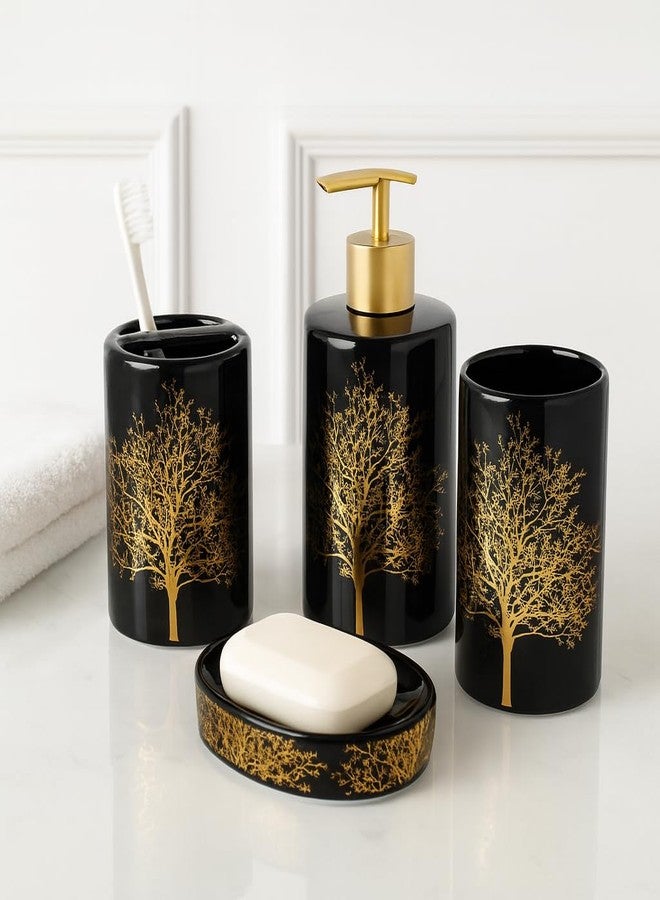 Whizzo Luxury Ceramic Bathroom Accessories Set - 4 Pcs | Black & Gold Tree Design | Soap Dispenser, Toothbrush Holder, Tumbler & Soap Dish | Elegant Bathroom Décor & Best Gifting Idea (BS-829, Black) - Image 1